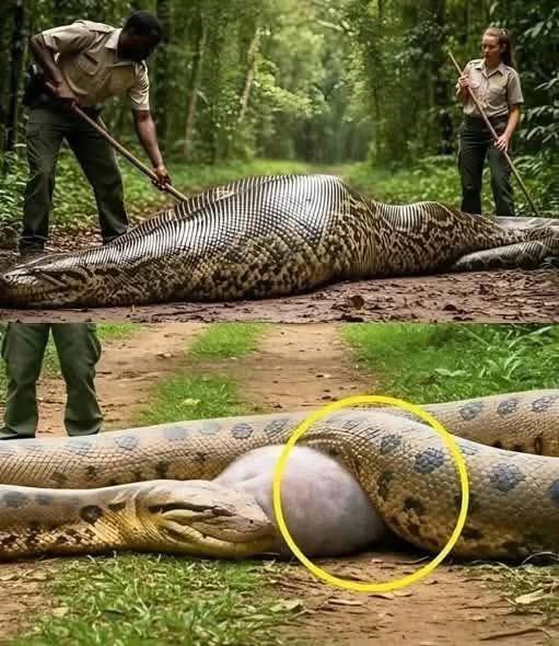 Park rangers rushed to help an anaconda after making a startling discovery that left everyone stunned.