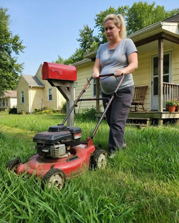 I was 34 weeks pregnant, alone, and days away from losing my home when I helped my elderly neighbor cut her overgrown lawn—only to wake up the next morning to a sheriff at my door and a hidden truth she left behind that would change everything I thought I knew about my future forever.