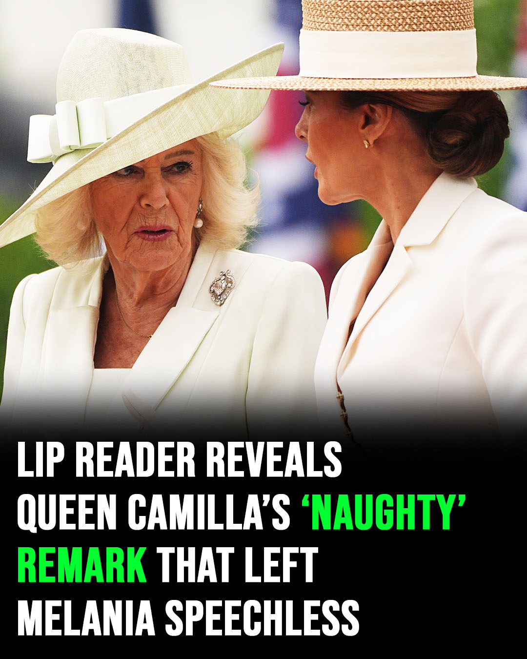 A lip reader claims Queen Camilla made a “naughty” comment that reportedly left Melania speechless.