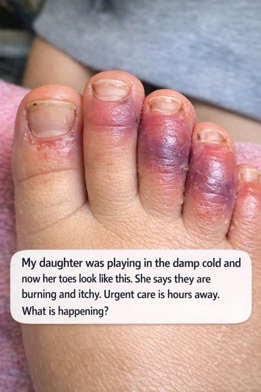 “My daughter was outside playing in cold, damp weather, and now her toes look like this. She says they feel hot, burning, and very itchy. The nearest urgent care is still hours away—does anyone know what might be causing this?”