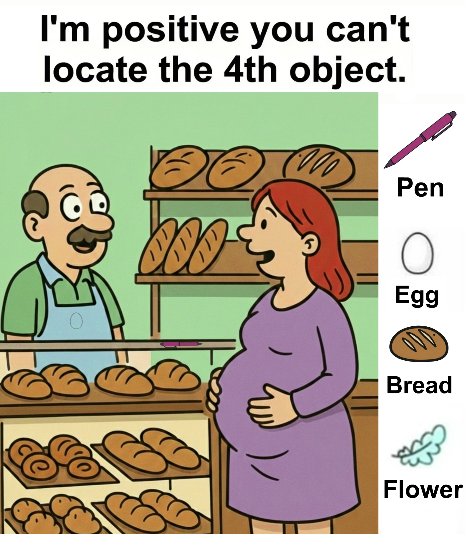 Find Pen, Egg, Bread, Flower.