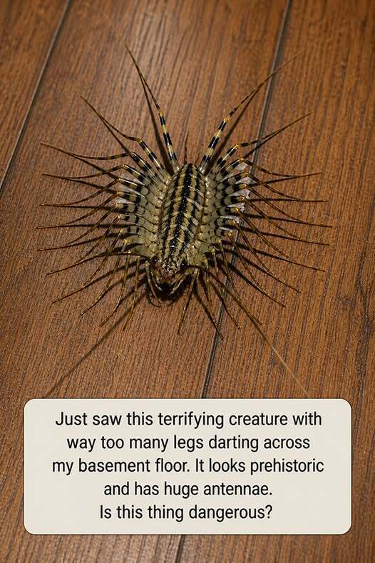 I just spotted a creepy, many-legged crawler racing across my basement floor, complete with ridiculously long antennae. It looked like something prehistoric. Should I be concerned, or is it just unsettling to look at?